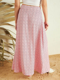 Berrylush Pink Floral Print High Rise A-line Side Slit Maxi Skirt