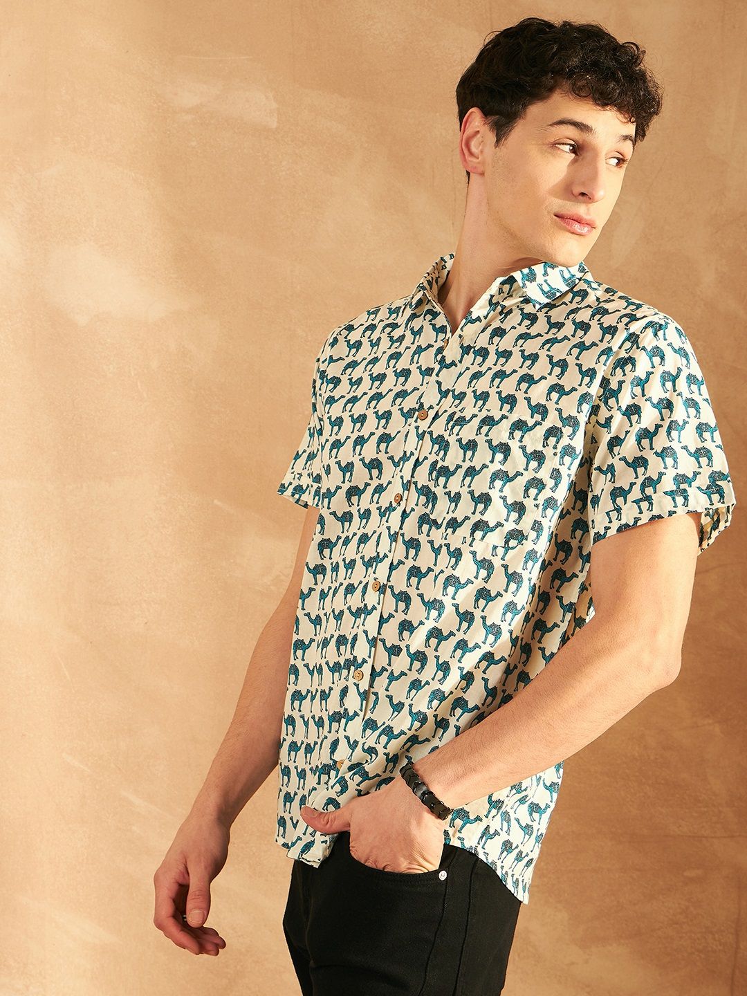 DENNISON Smart Ethnic Motifs Printed Spread Collar Cotton Oversized Lightweight Shirt