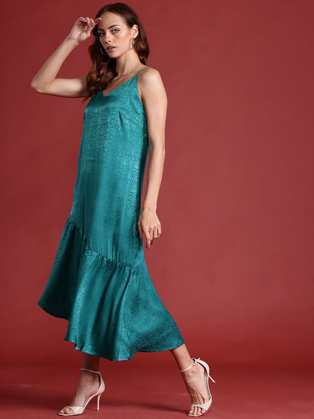 all about you Floral Satin Jacquard Drop waist Midi Dress