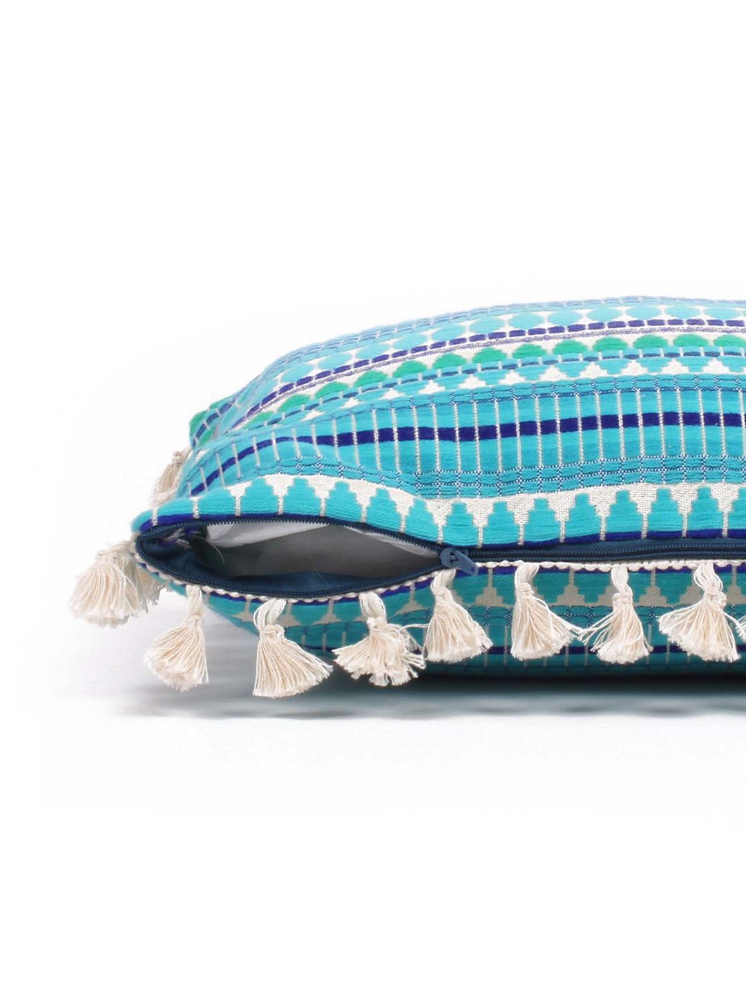 STITCHNEST Blue & White 2 Pieces Ethnic Motifs Woollen Rectangle Cushion Cover