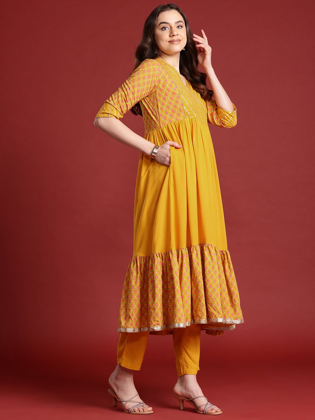 Anouk Women Floral Printed Angrakha Gotta Patti Kurta with Trousers & Dupatta