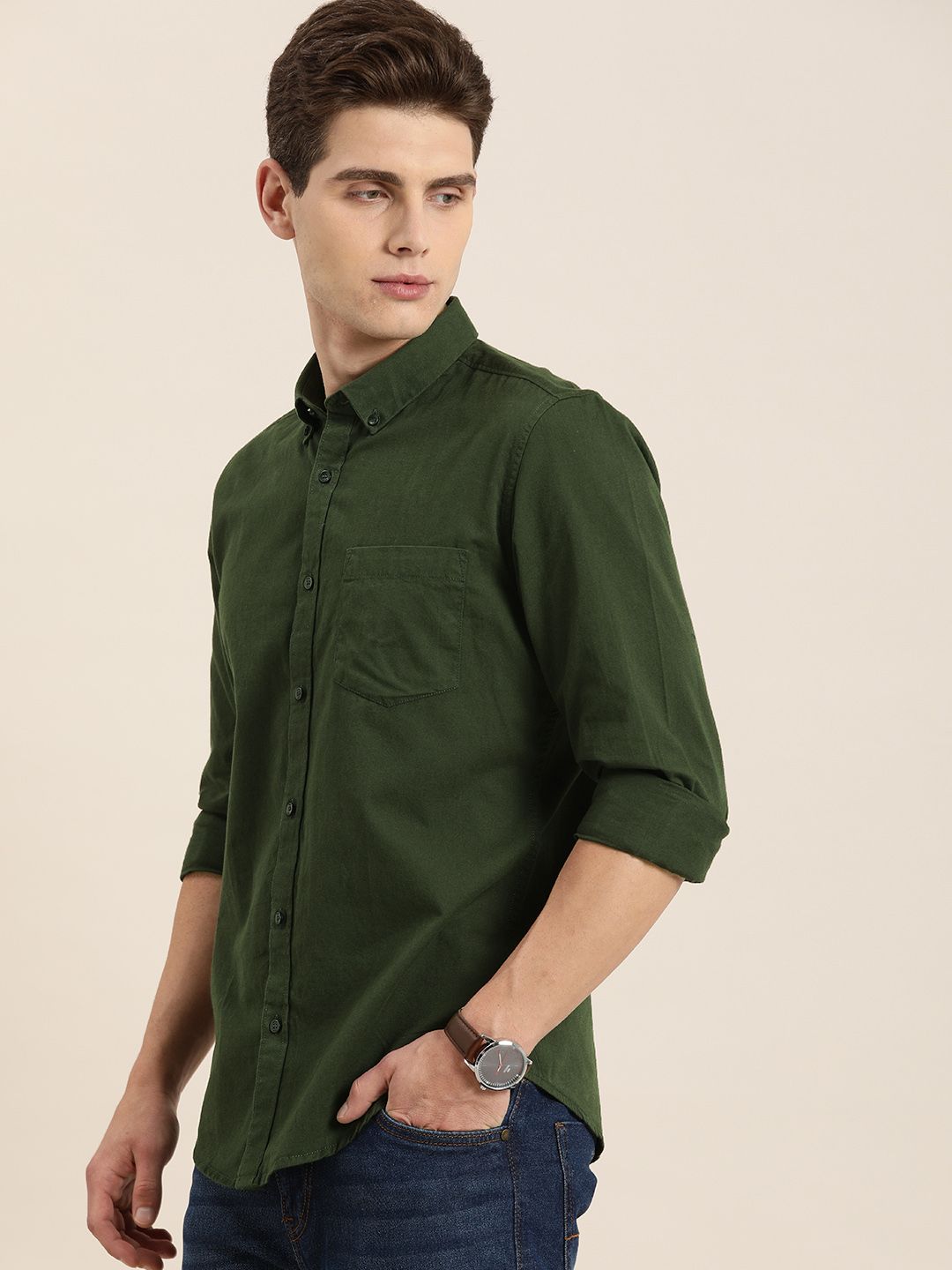 ether Men Olive Green Opaque Pure Cotton Casual Shirt