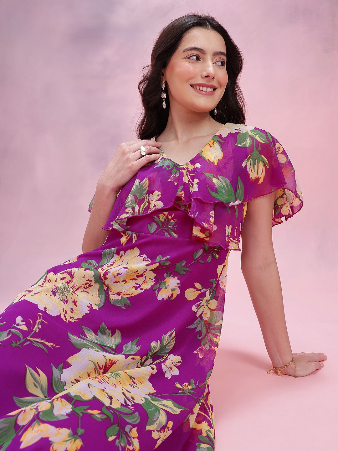 DressBerry Floral Print V-Neck Layered A-Line Midi Dress