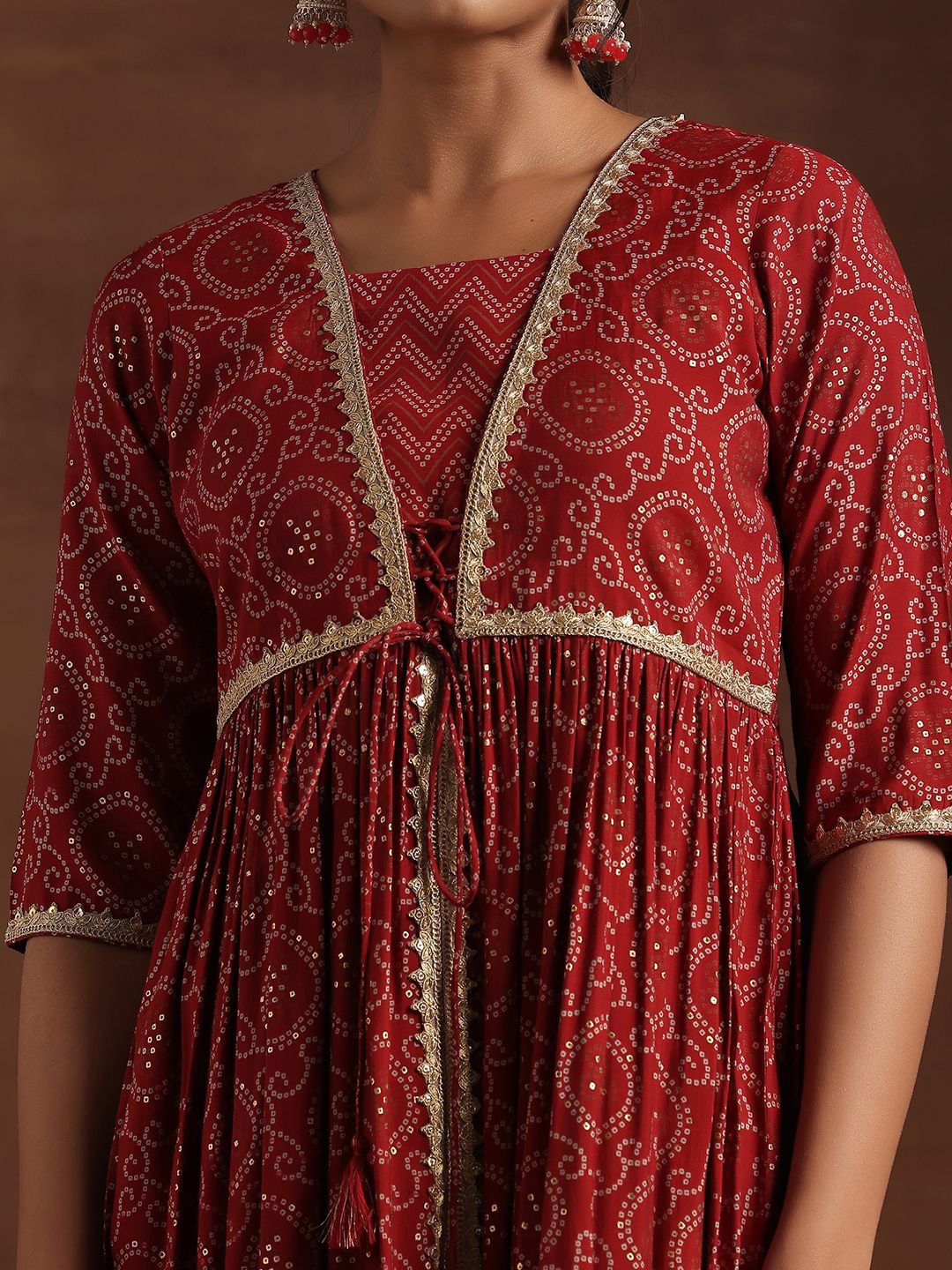 Libas Bandhani Printed Pleated Gotta Patti A-Line Kurta With Trouser & Dupatta