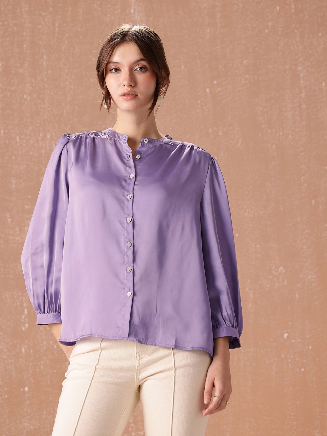 all about you Band Collar Gathers Semiformal Shirt