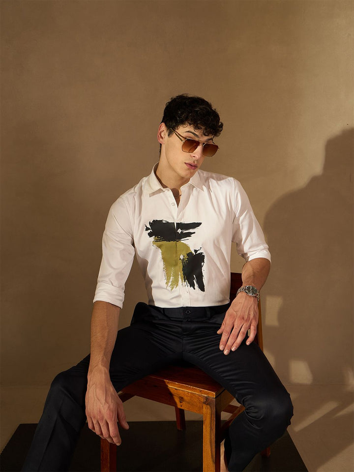 DENNISON Smart Abstract Printed Spread Collar Long Sleeve Cotton Shirt
