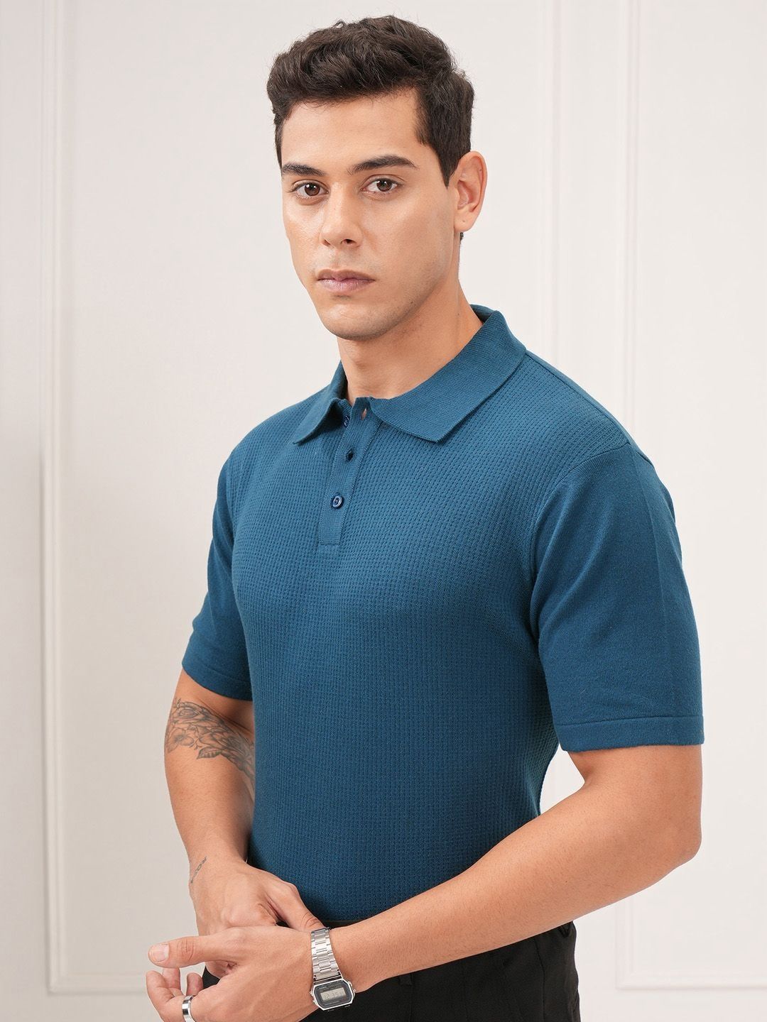 HIGHLANDER Men Textured Relaxed Fit Knitted Polo Collar T-shirt