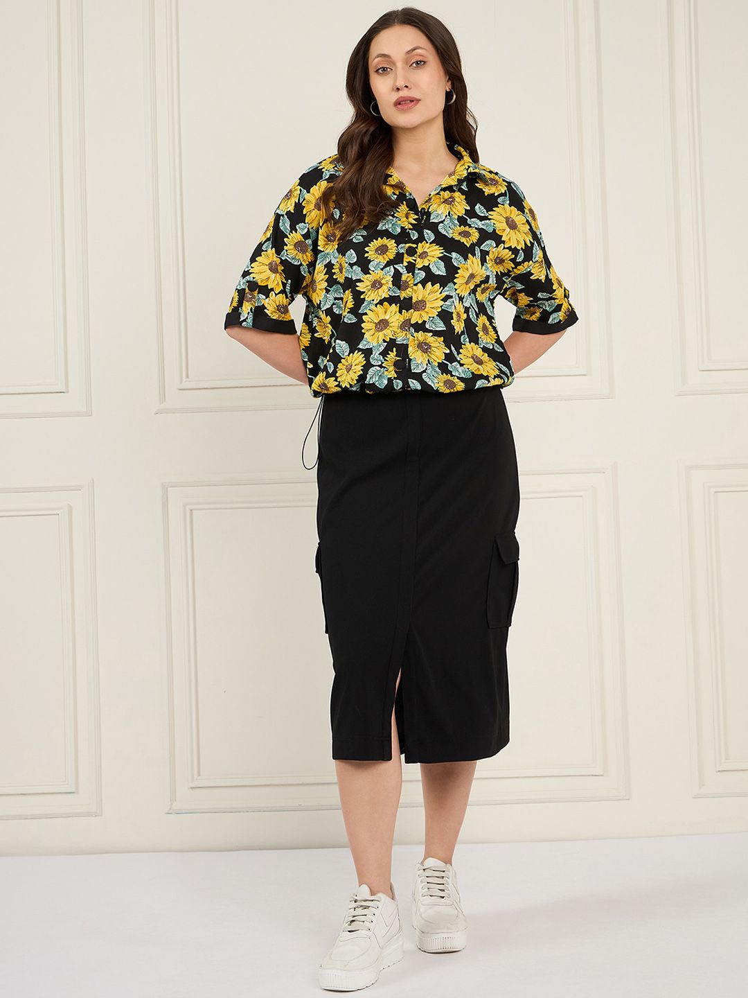 Antheaa Black Floral Printed Shirt With Flared Slit Skirt