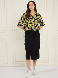 Antheaa Black Floral Printed Shirt With Flared Slit Skirt