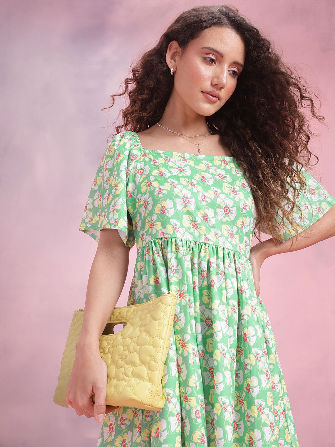 DressBerry Floral Print Flared Sleeve A-Line Midi Dress