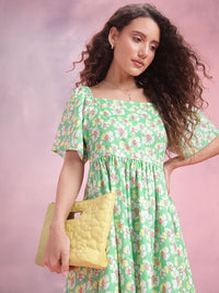 DressBerry Floral Print Flared Sleeve A-Line Midi Dress