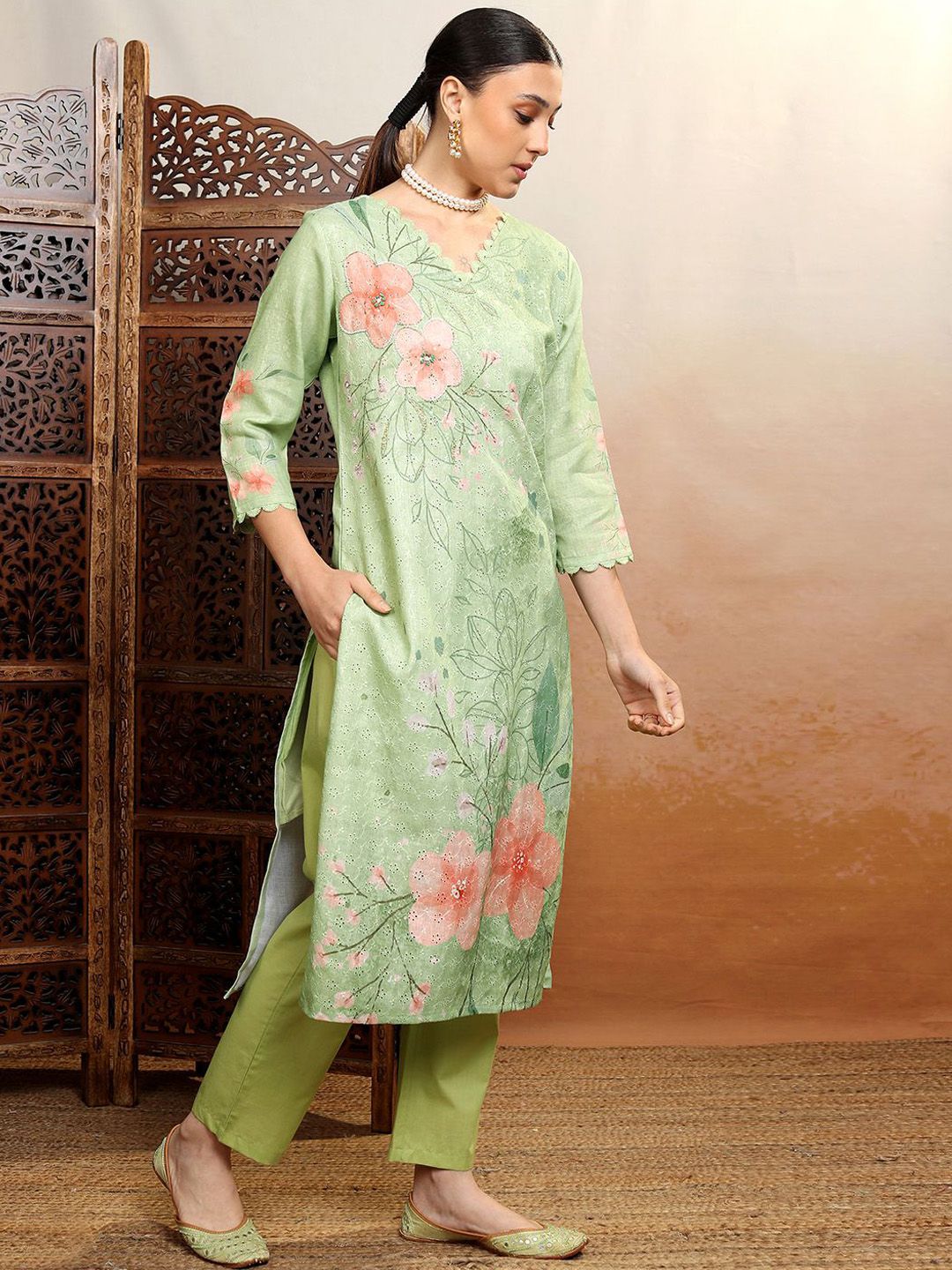 Vishudh Green Printed Thread Work Pure Cotton Straight Kurta With Trousers & Dupatta