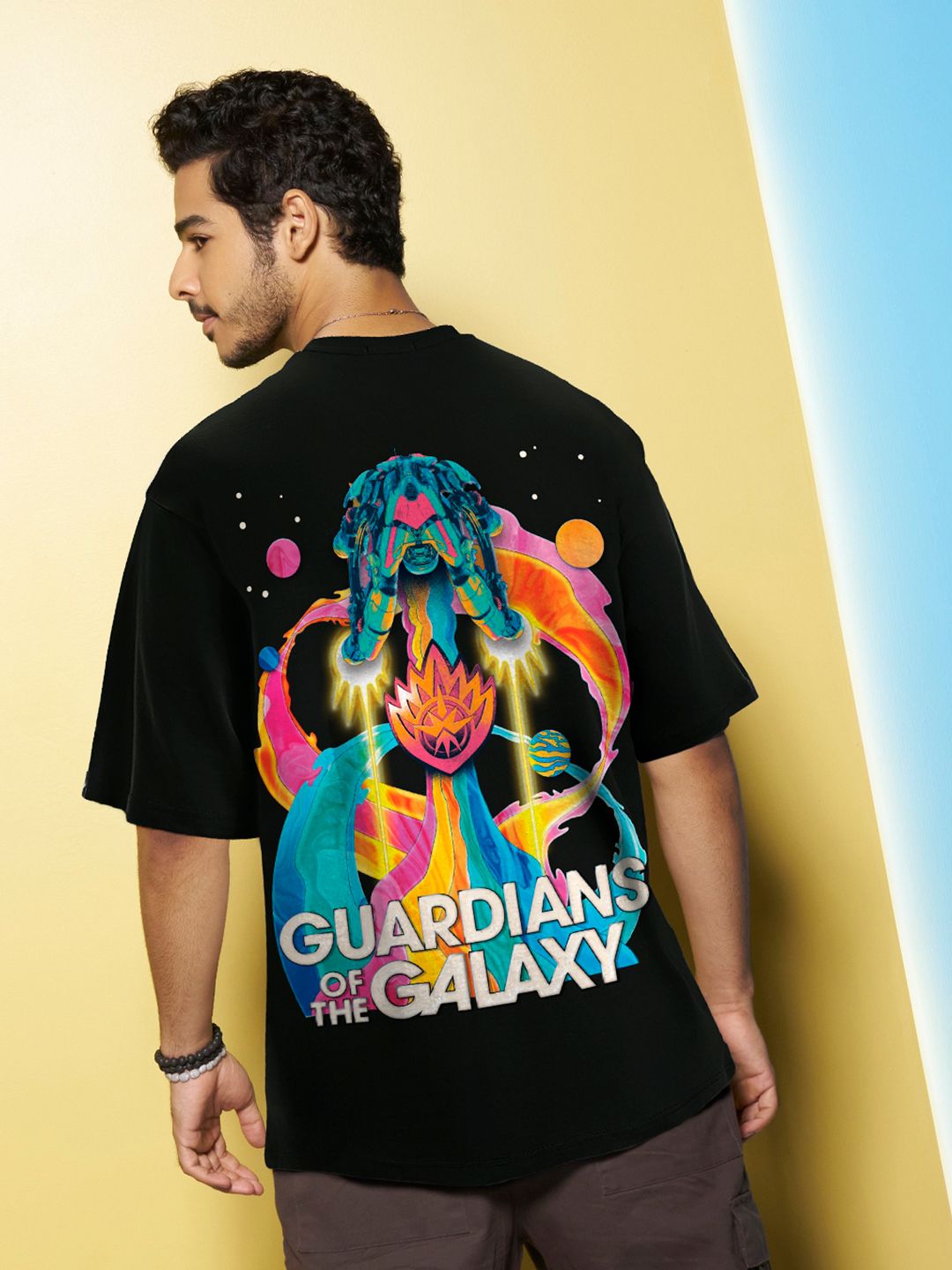 Bewakoof x OFFICIAL MARVEL MERCHANDISE Men Galaxy Ship Graphic Pure Cotton Printed Oversized T-shirt