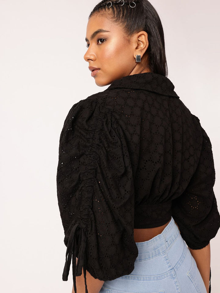 DressBerry Edgy Chic With Schiffli Puff Sleeve Shirt Style Crop Top