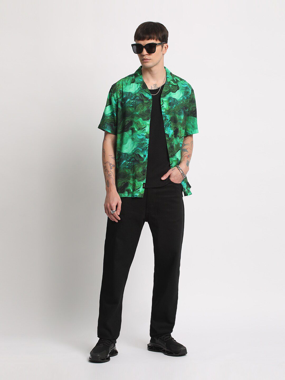 THE BEAR HOUSE Abstract Printed Cuban Collar Pure Cotton Casual Shirt