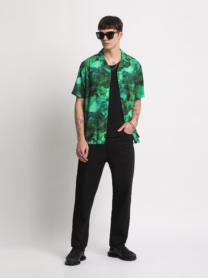 THE BEAR HOUSE Abstract Printed Cuban Collar Pure Cotton Casual Shirt