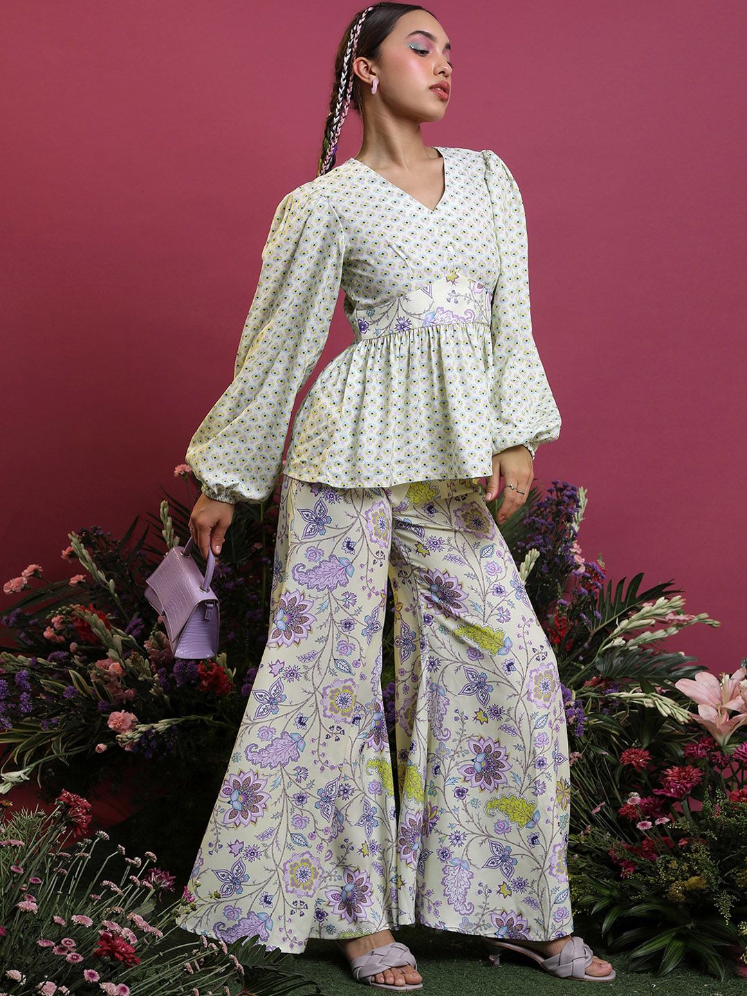 Vishudh  Floral Printed A-Line Top With Flared Palazzos