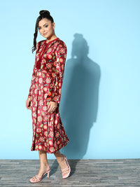 SASSAFRAS Women  Maroon Floral Fluid Tie-Up Dress