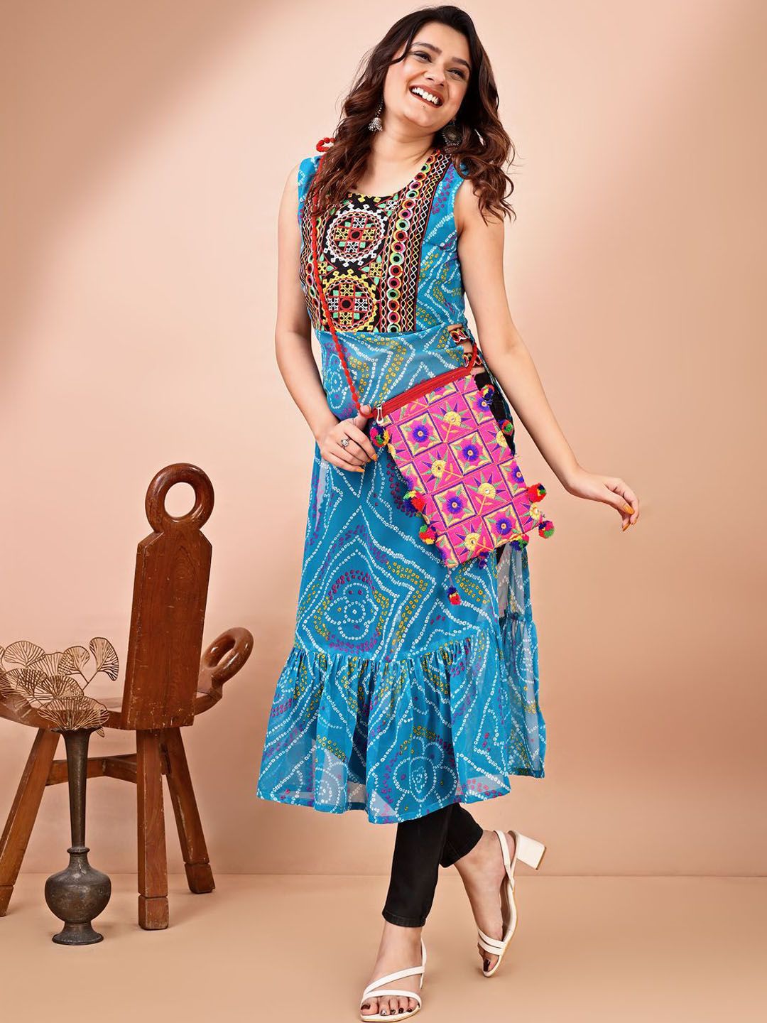 KALINI Bandhani Printed Round Neck Thread Work Georgette Straight Kurta