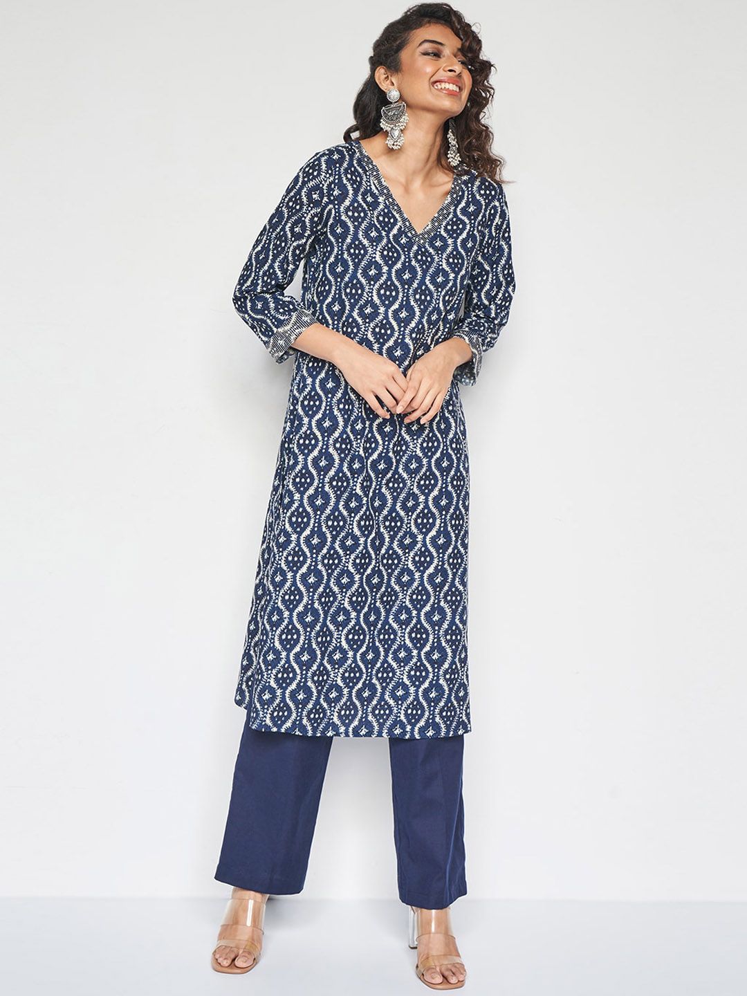 Global Desi Women Paisley Printed Flared Sleeves Chikankari Kurta