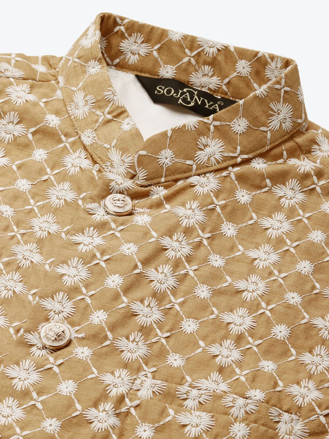 SOJANYA Men Green & Beige Embroidered Thread Work Kurta with Churidar & Nehru Jacket