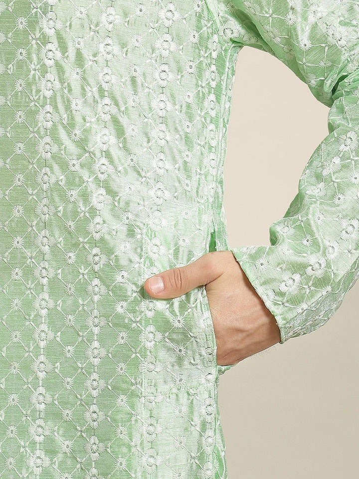 SOJANYA Lelaki Hijau Laut & Putih Motif Etnik Sulam Kurta