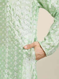 SOJANYA Lelaki Hijau Laut & Putih Motif Etnik Sulam Kurta