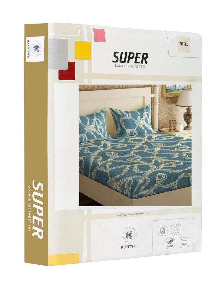 KLOTTHE Turquoise Blue Abstract 300 TC Fitted Double King Bedsheet With 2 Pillow Covers