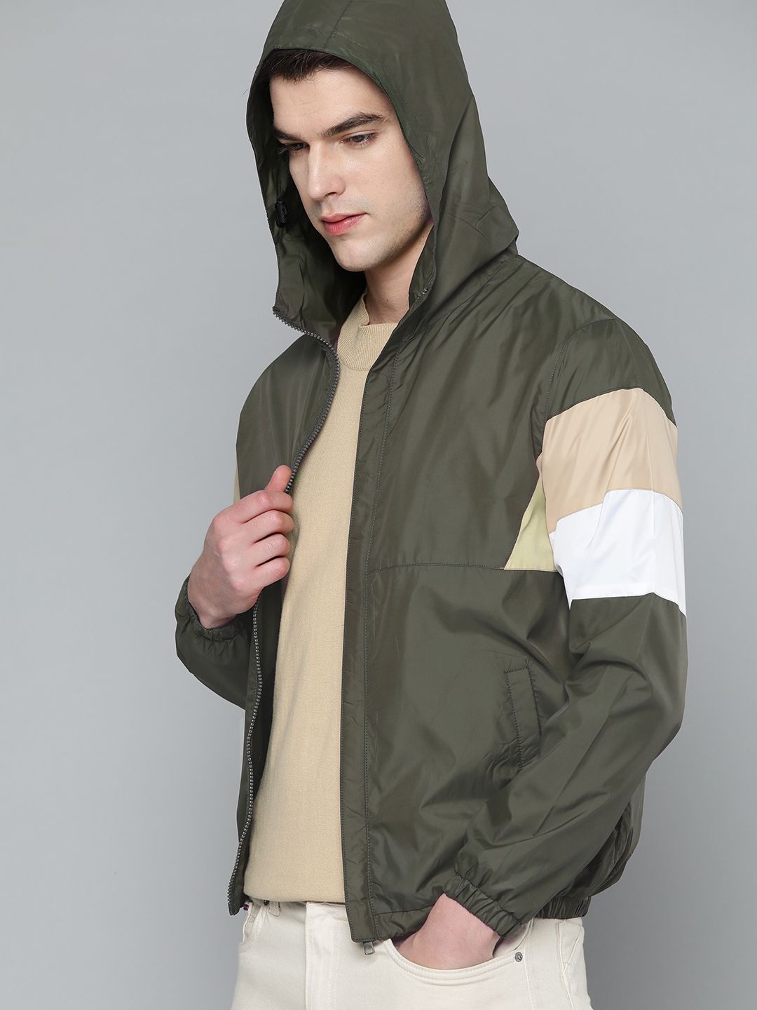 ether Men Olive Green & White Tailored Jacket with Striped Detail