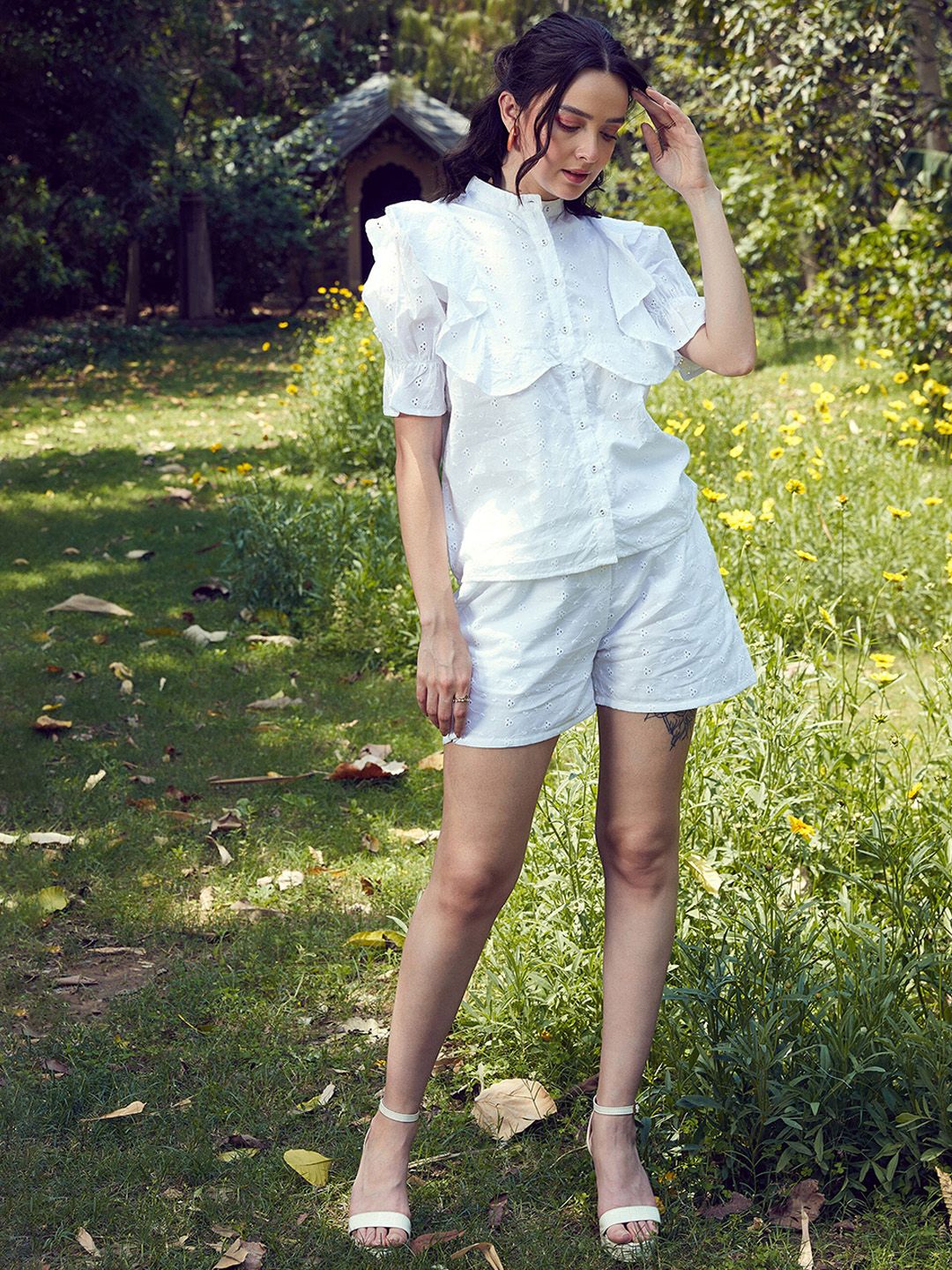 SASSAFRAS White Schiffli Pure Cotton Shirt & Shorts