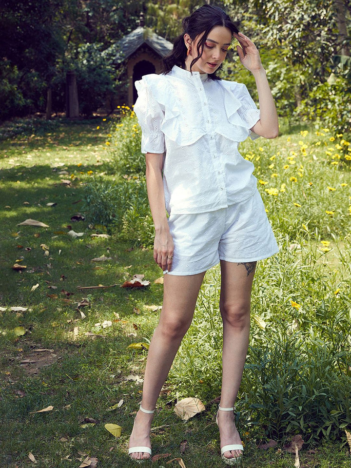 SASSAFRAS White Schiffli Pure Cotton Shirt & Shorts