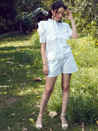 SASSAFRAS White Schiffli Pure Cotton Shirt & Shorts
