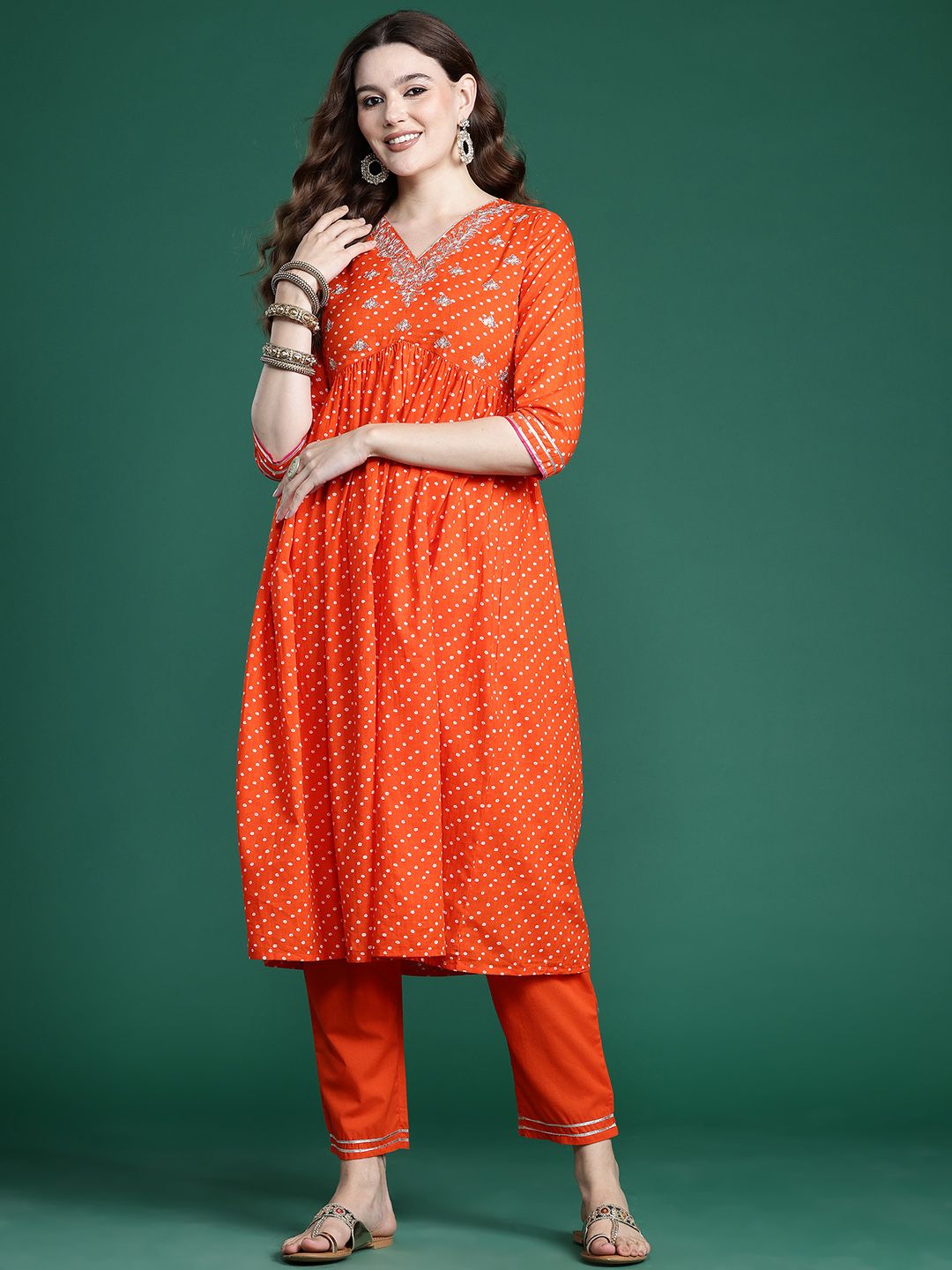 Indo Era Bandhani Embroidered Empire Pure Cotton Kurta with Trousers