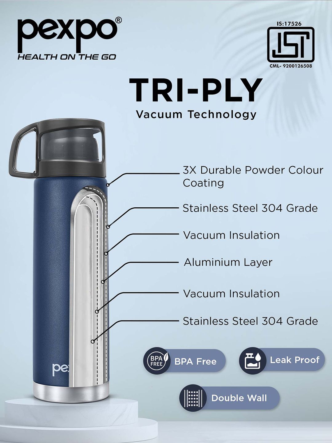 Pexpo Fererro Blue ISI Certified Thermosteel Hot and Cold Flask Water Bottle 1000ml