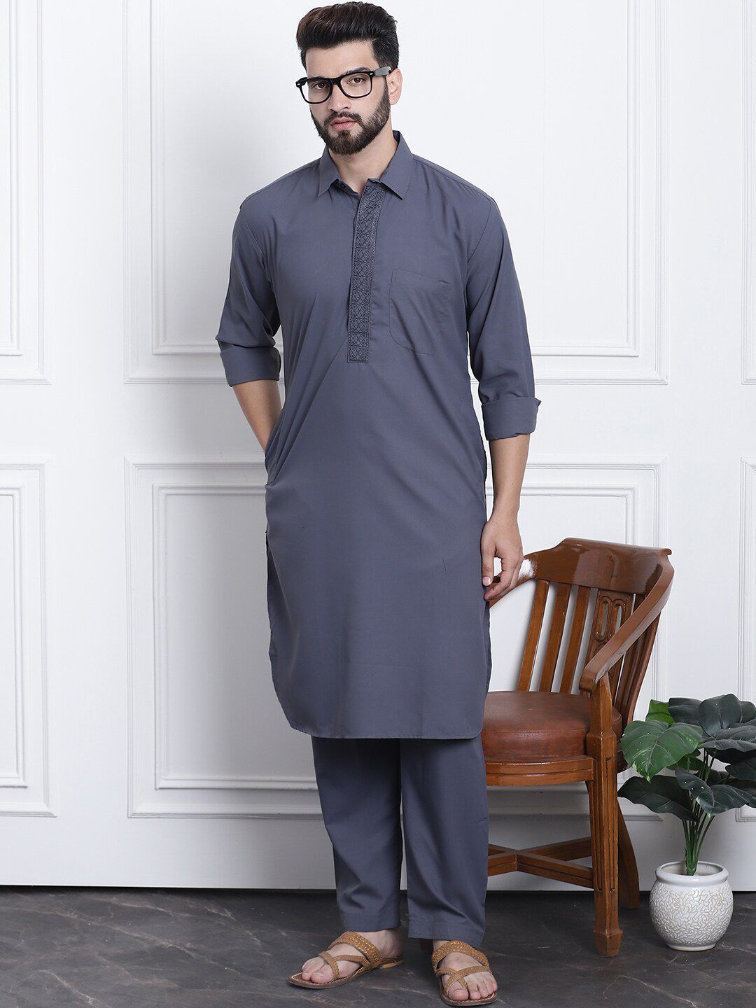 SOJANYA Shirt Collar Thread Work Pathani Pure Cotton Kurta with Salwar
