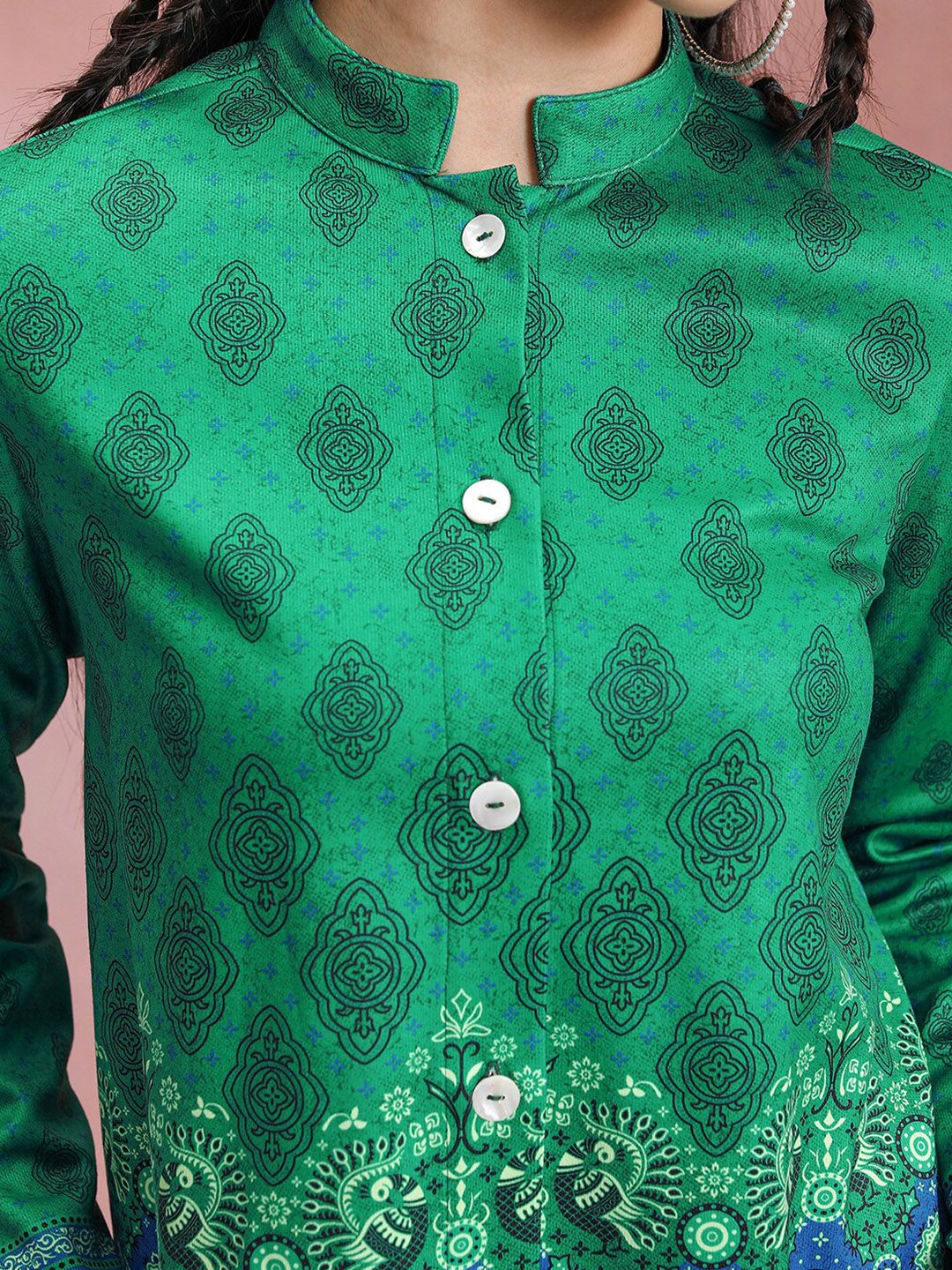 Vishudh Women Mandrain Collar Shirt With Bell Bottom Shaped Pants