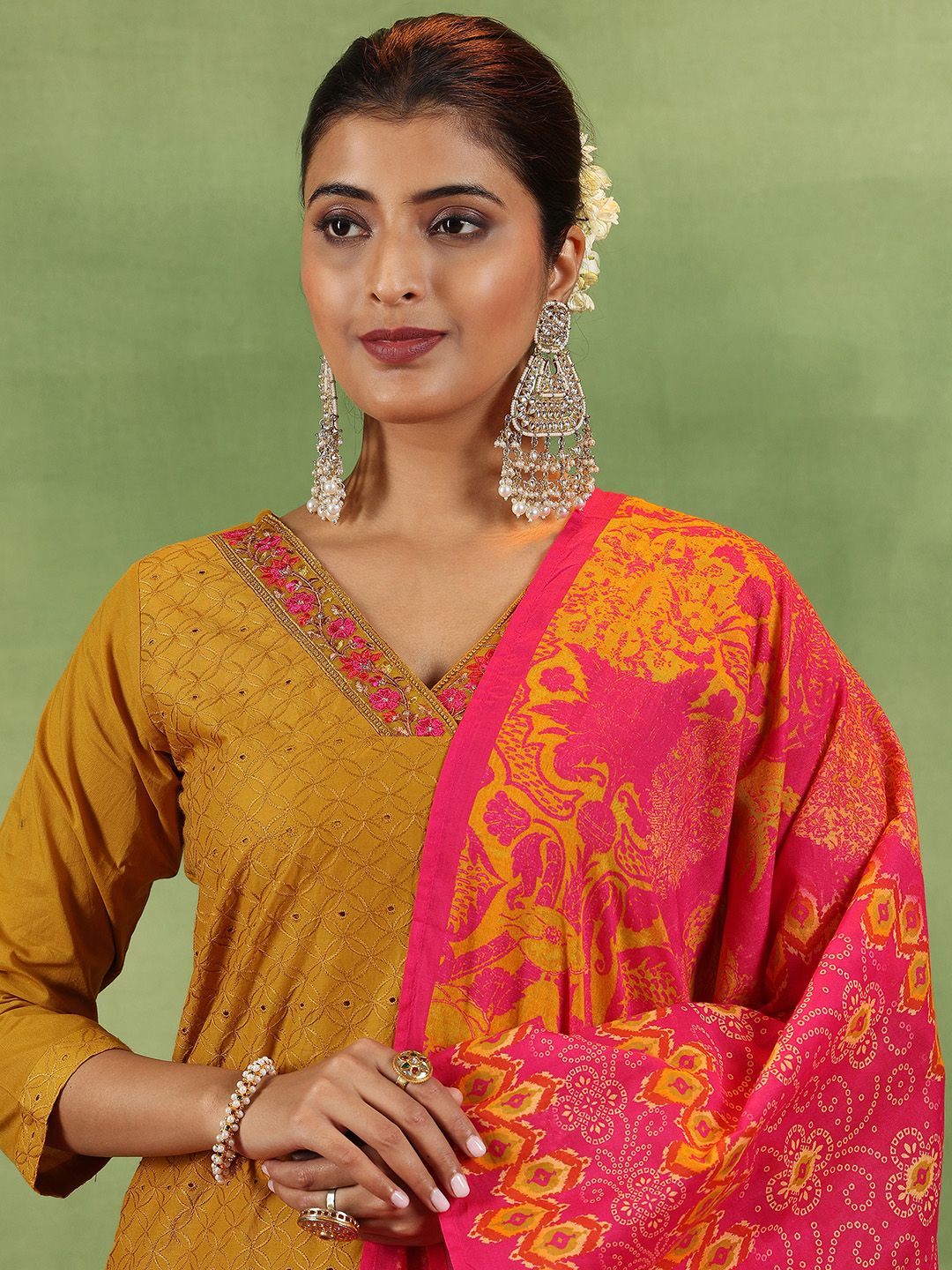 Libas Mustrad Yellow Floral Embroidered Schiffli Cotton Kurta With Trousers & Dupatta