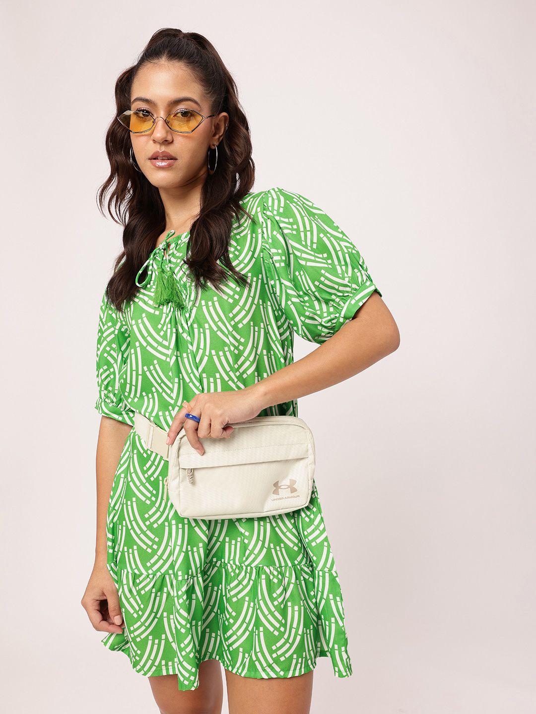 DressBerry Bold Shapes, Fresh Green Printed Gathered A-Line Mini Dress