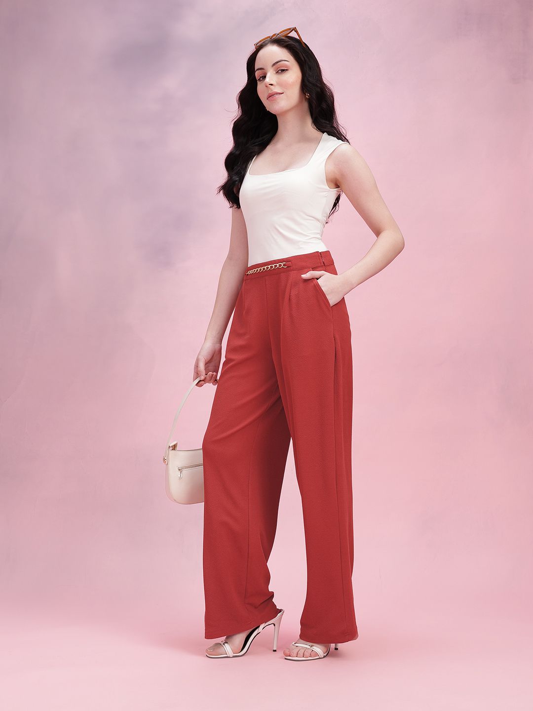 DressBerry Women Metallic Chain Detail Textured Pleated Trousers