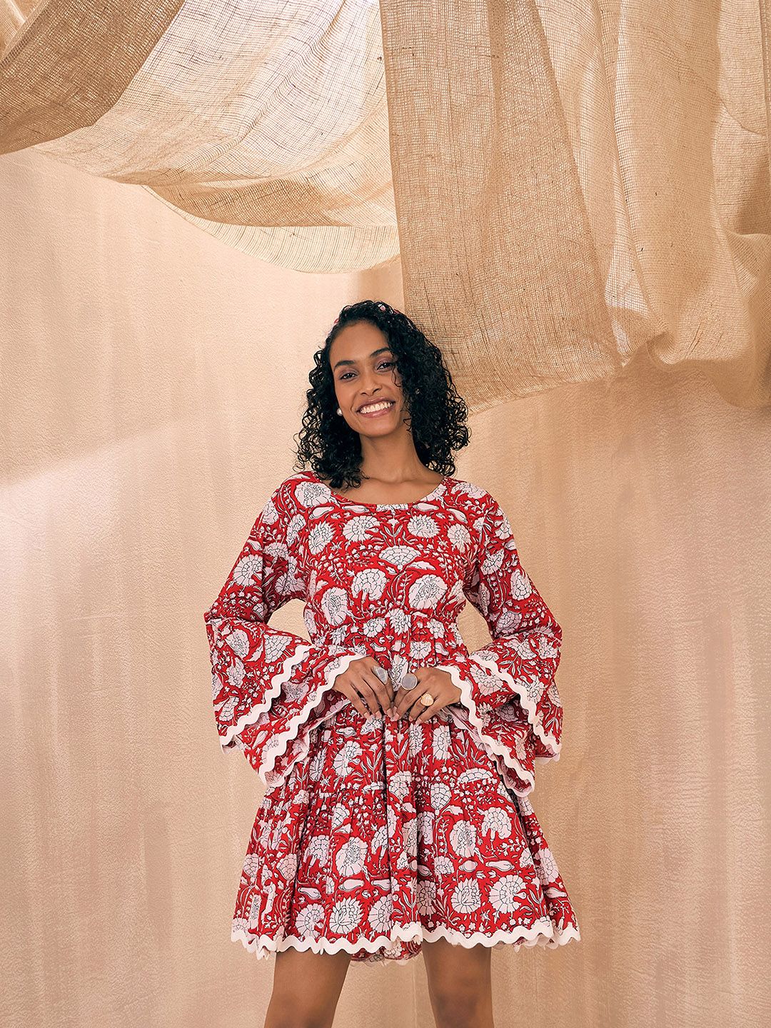 Pink Paprika by SASSAFRAS Floral Printed Flared Sleeve Cotton Smocked Fit & Flare Dress