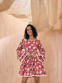 Pink Paprika by SASSAFRAS Floral Printed Flared Sleeve Cotton Smocked Fit & Flare Dress