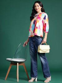 DressBerry Dyed Tie-Up Neck Puff Sleeves Cotton Top