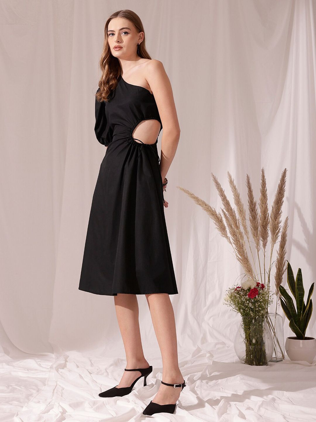 STREET 9 One Shoulder Puff Sleeves Cotton Fit & Flare Midi Dress