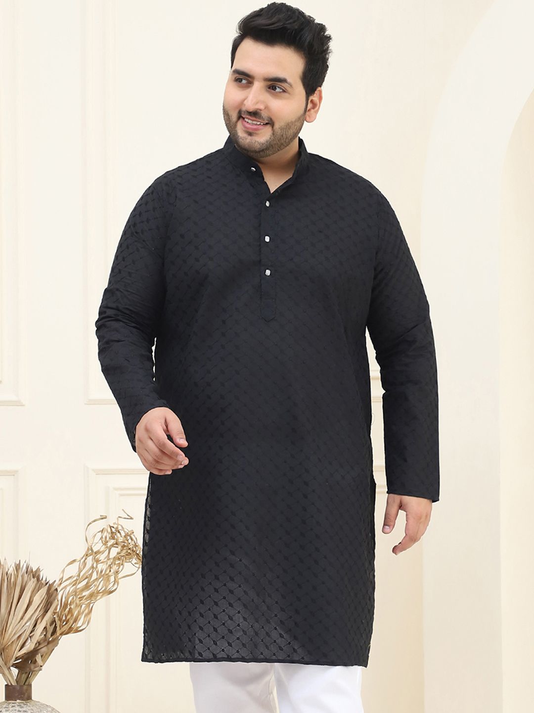 SOJANYA PLUS Size Lelaki Hitam Sulam Kurta Kapas Tulen