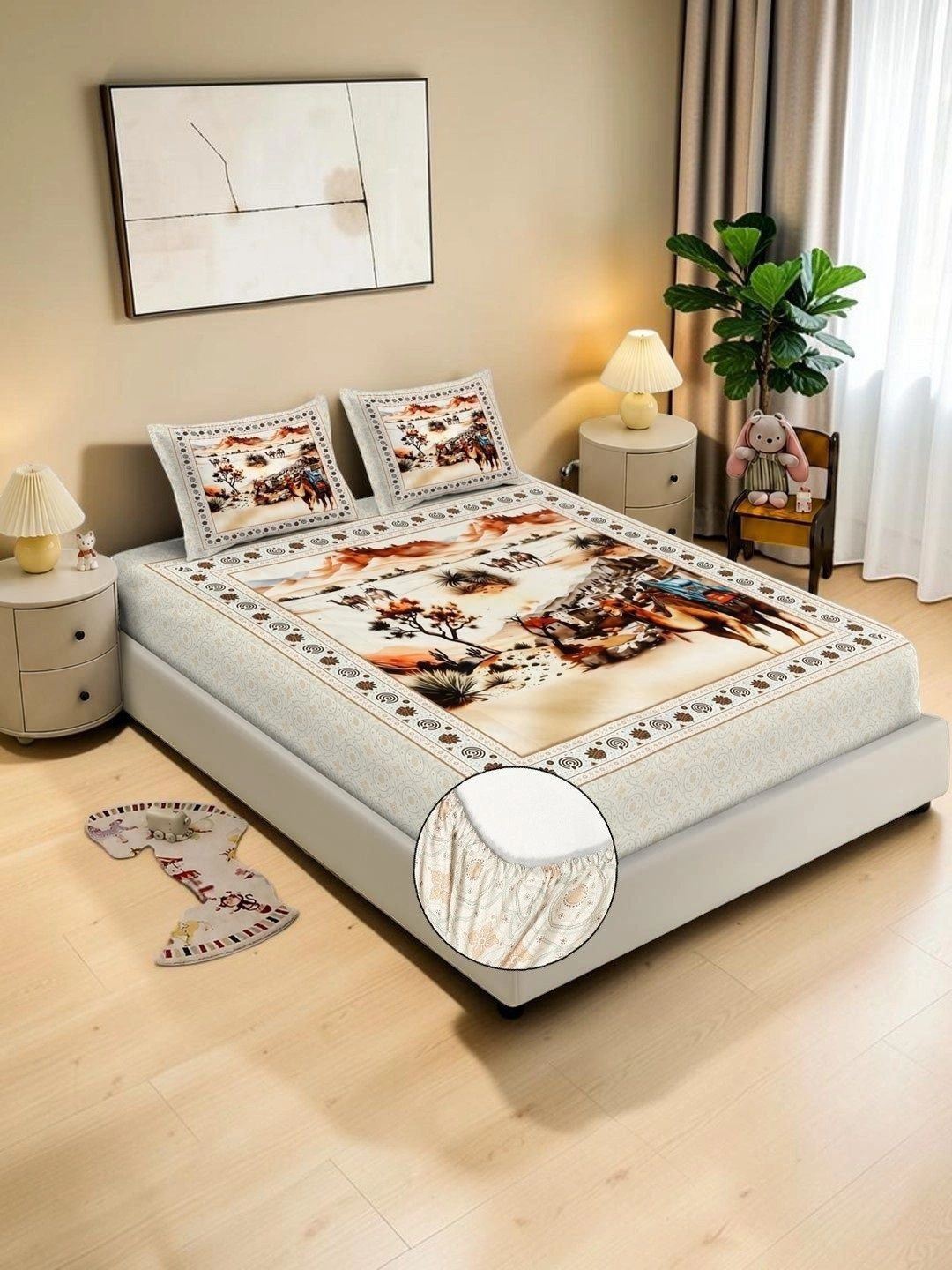 KLOTTHE Cream-Coloured Conversational 400 TC King Bedsheet with 2 Pillow Covers