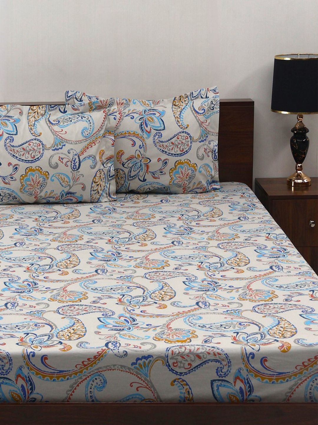 BOMBAY DYEING Turquoise Blue Floral Cotton 140 TC Queen Bedsheet Set-2.28 m X 2.54 m