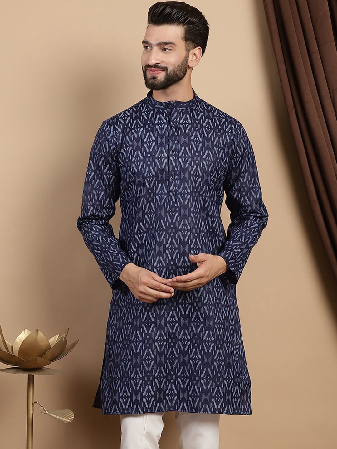 Anouk Abstrak Kolar Mandarin Bercetak Kapas Tulen Kurta Lurus