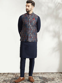 KISAH Men Woven Jacquard Regular Fit Ethnic Motifs Kurta Jacket Trouser Set