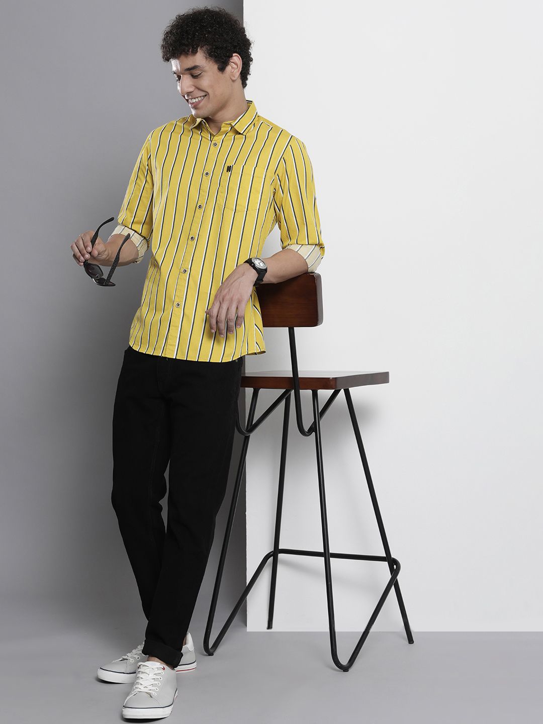The Indian Garage Co Men Mustard Yellow & Green Striped Cotton Casual Shirt