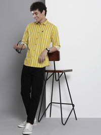The Indian Garage Co Men Mustard Yellow & Green Striped Cotton Casual Shirt